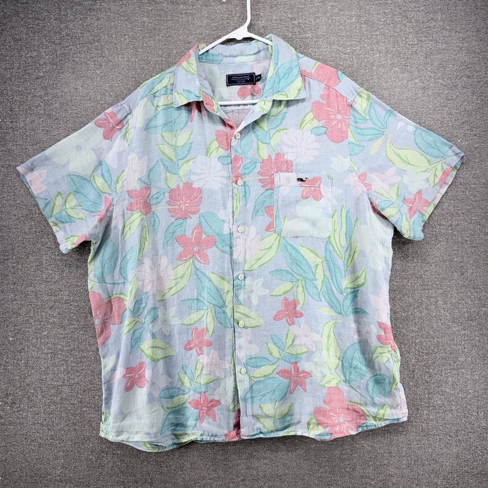 Vineyard Vines Hawaiian Shirt Men Size XL Light Blue Floral Linen Short Sleeve